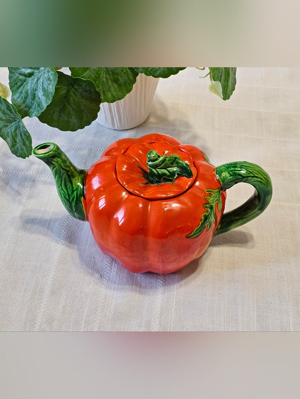 Vintage Ceramic Tomato Teapot Red Green Figural Kitchen Decor